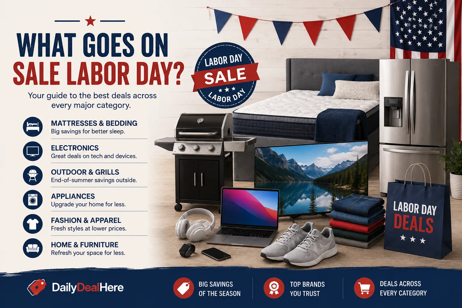 Labor Day sale guide showing mattresses, grills, appliances and summer stock at Daily Deal Here