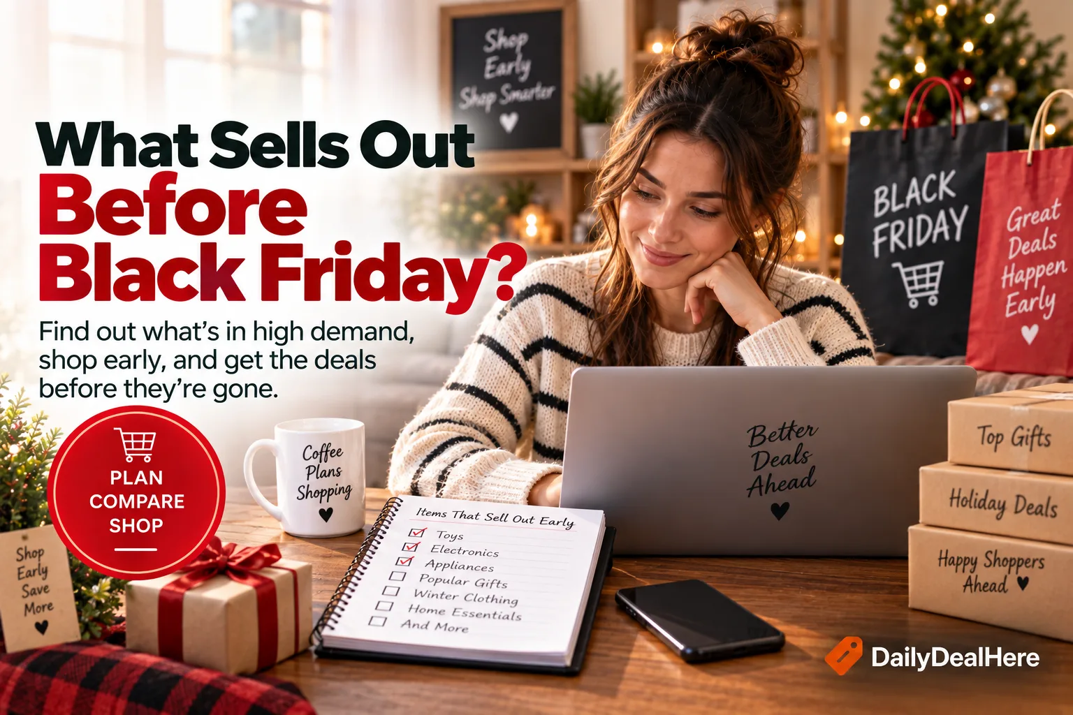 Notebook listing items that sell out early while a shopper compares deals online