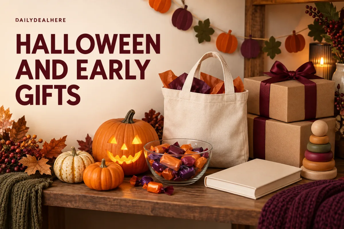 Halloween and early gifts: a carved pumpkin, a bowl of candy, a tote bag and wrapped gifts on a table