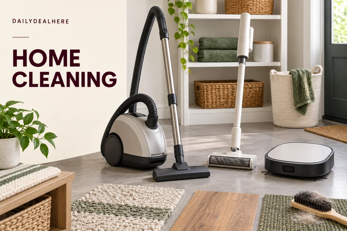 Home cleaning: a canister vacuum, a cordless stick vacuum and a robot vacuum on a hallway floor
