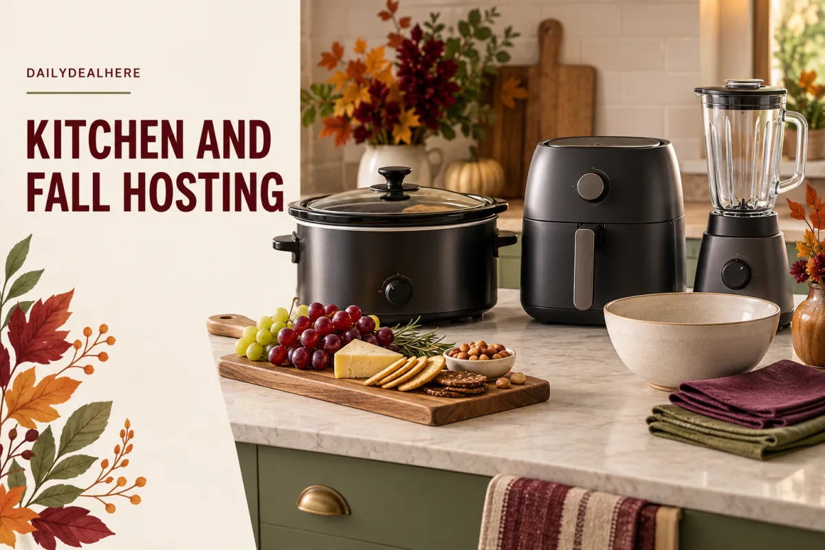 Kitchen and fall hosting: a slow cooker, an air fryer and a blender on a counter beside a cheese board