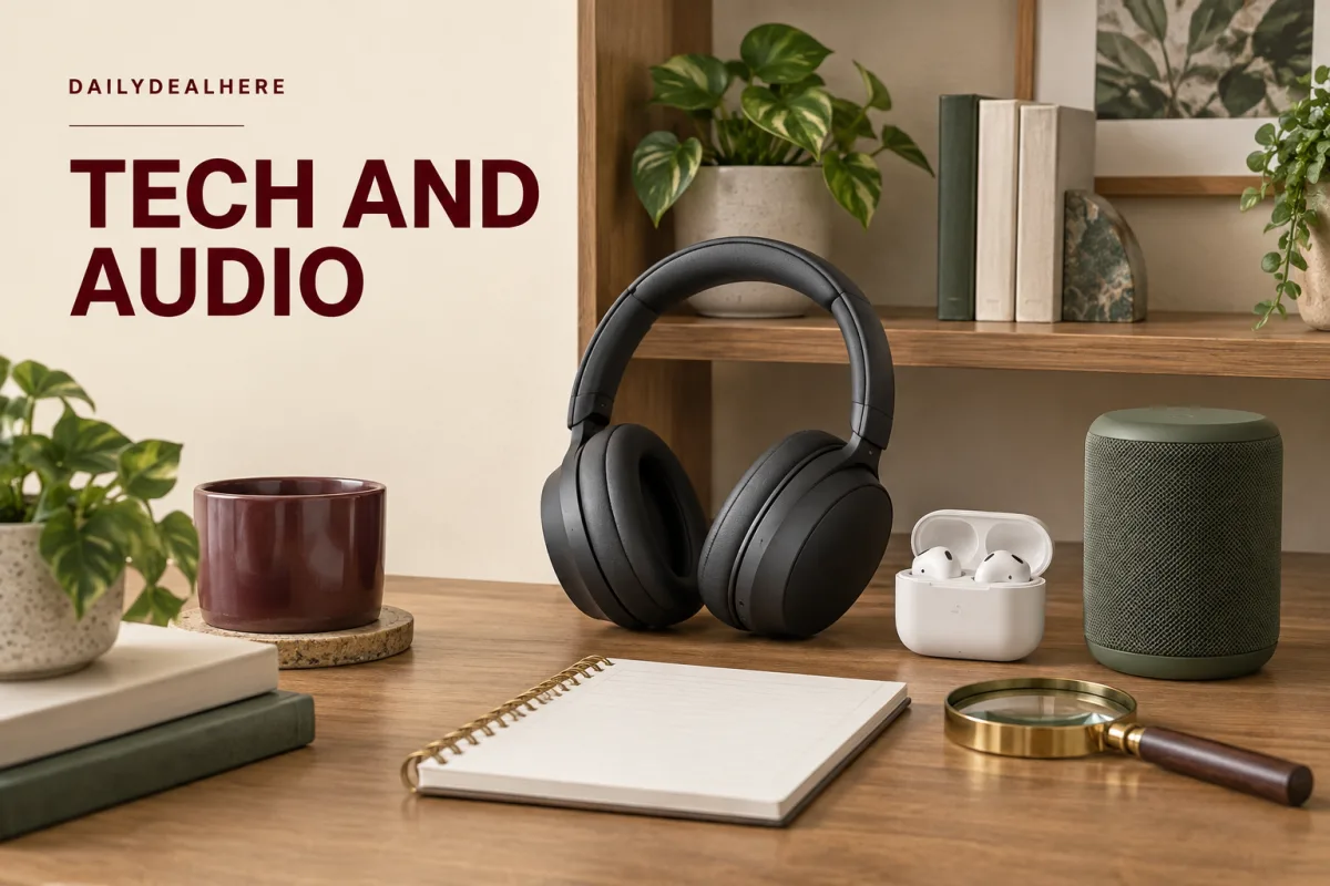 Tech and audio: over-ear headphones, wireless earbuds and a smart speaker on a desk with a notebook and magnifying glass