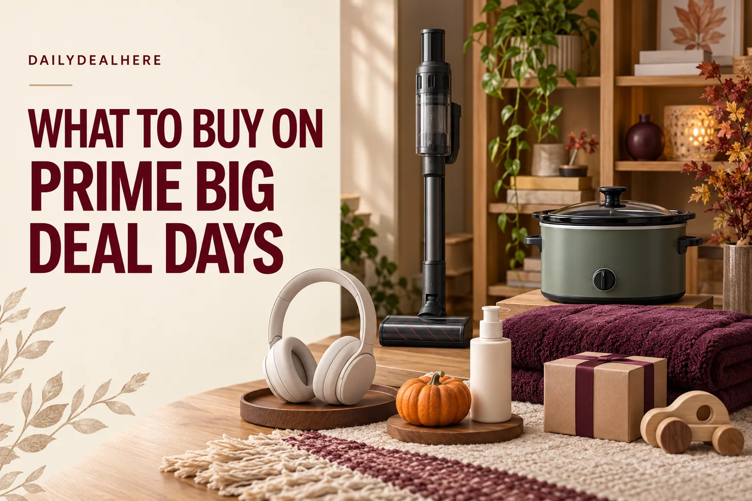 What to buy on Prime Big Deal Days: headphones, a cordless vacuum, a slow cooker, a blanket, a gift box and a wooden toy on a fall table