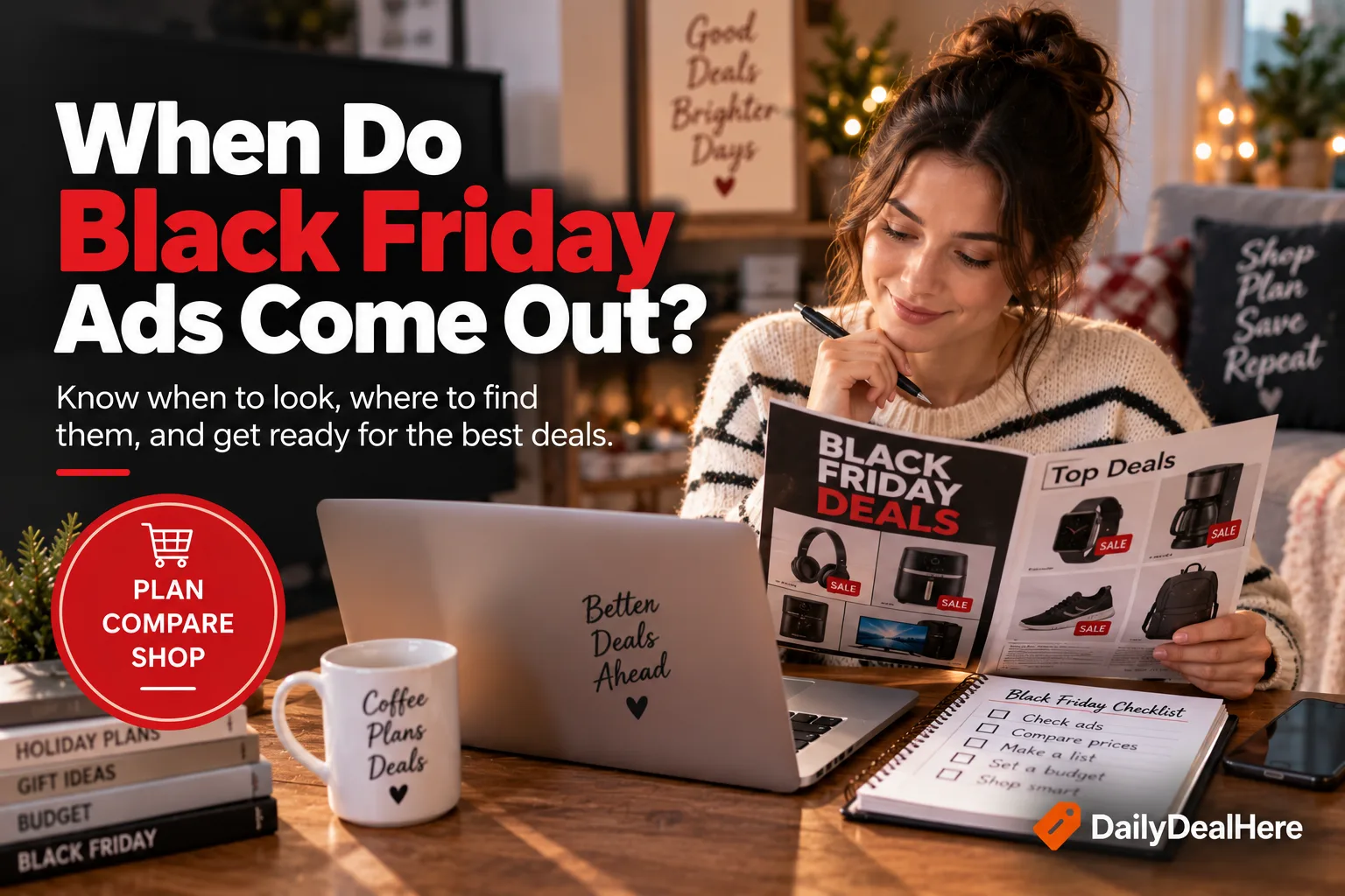 A person comparing a Black Friday deals flyer against a checklist and a laptop at a kitchen table