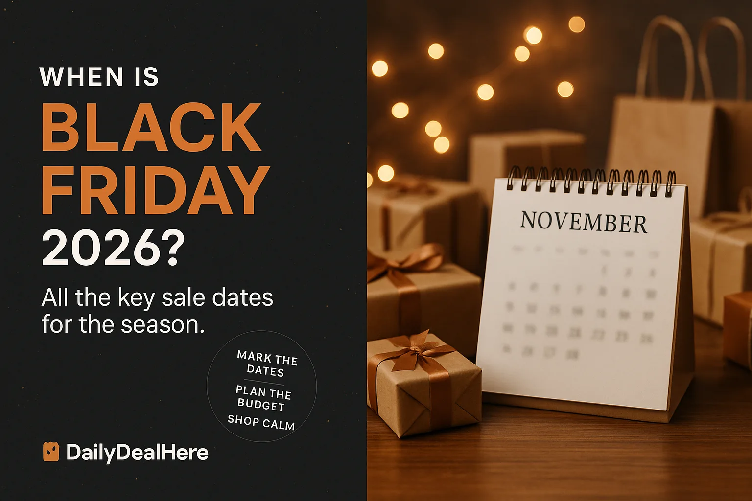November desk calendar among wrapped gifts and shopping bags asking when is Black Friday 2026