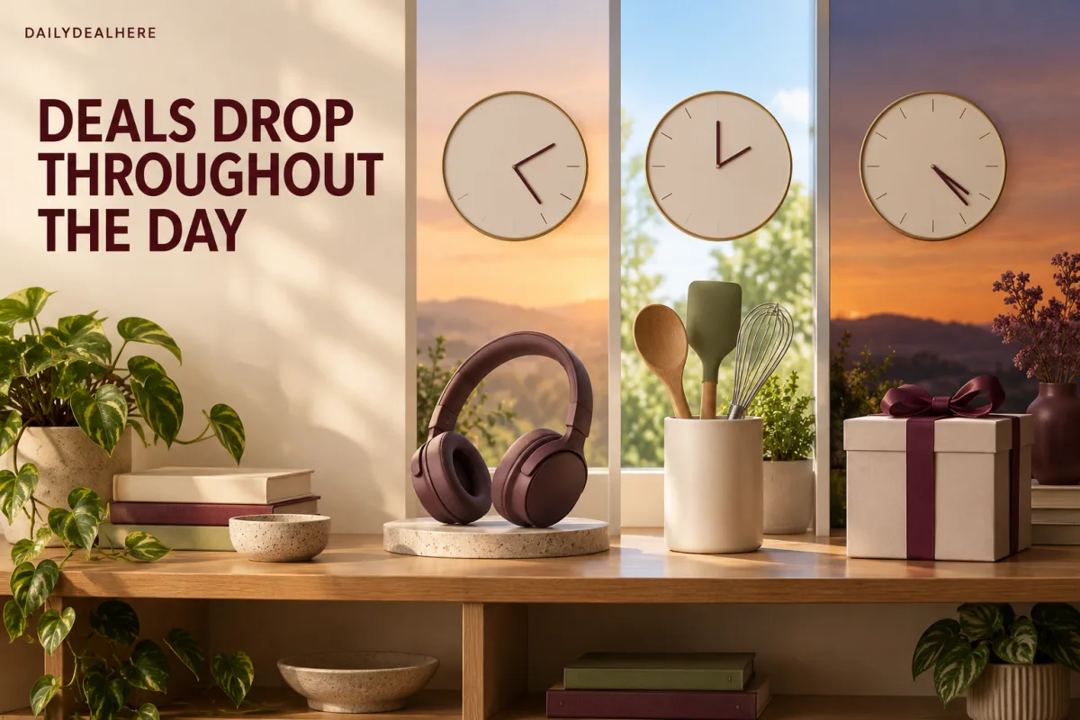 Deals drop throughout the day: three clocks showing morning, midday and evening above headphones, kitchen tools and a gift
