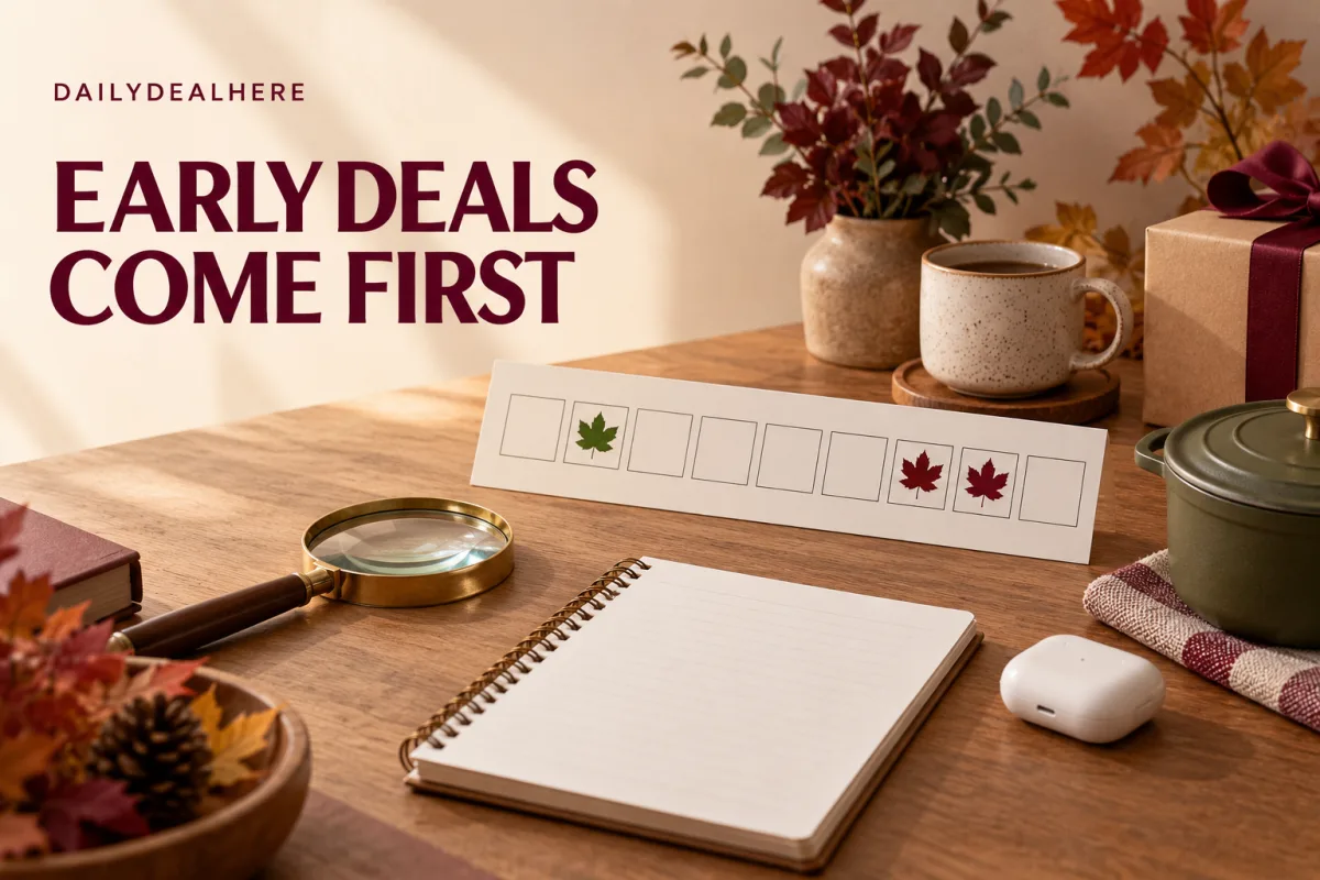Early deals come first: a row of calendar boxes with leaves marking days before the sale, beside a notebook and magnifying glass