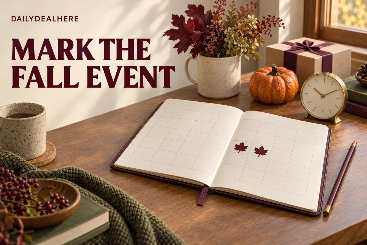Mark the fall event: an open planner with two days marked by maple leaves on an autumn desk