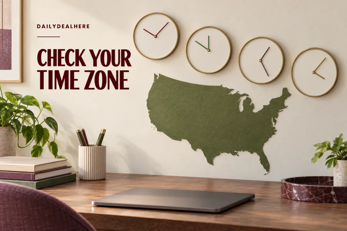 Check your time zone: four wall clocks set to different times above a map of the United States