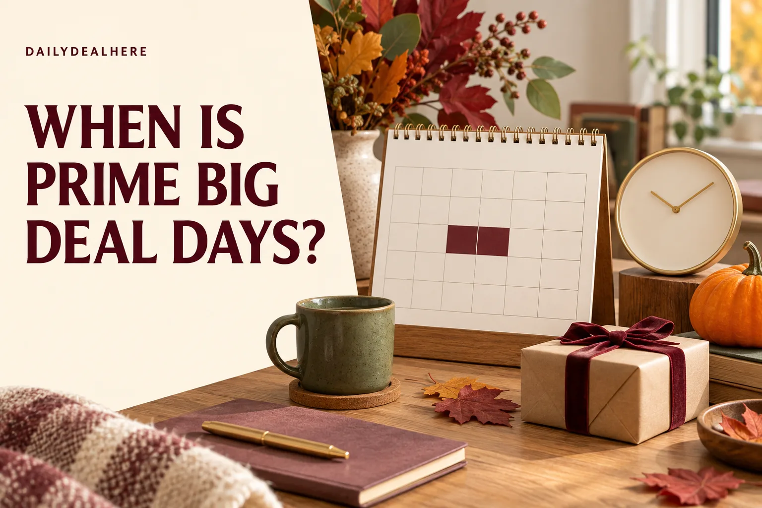 When is Prime Big Deal Days: a desk calendar with two October days marked, a gift box, a clock and fall leaves