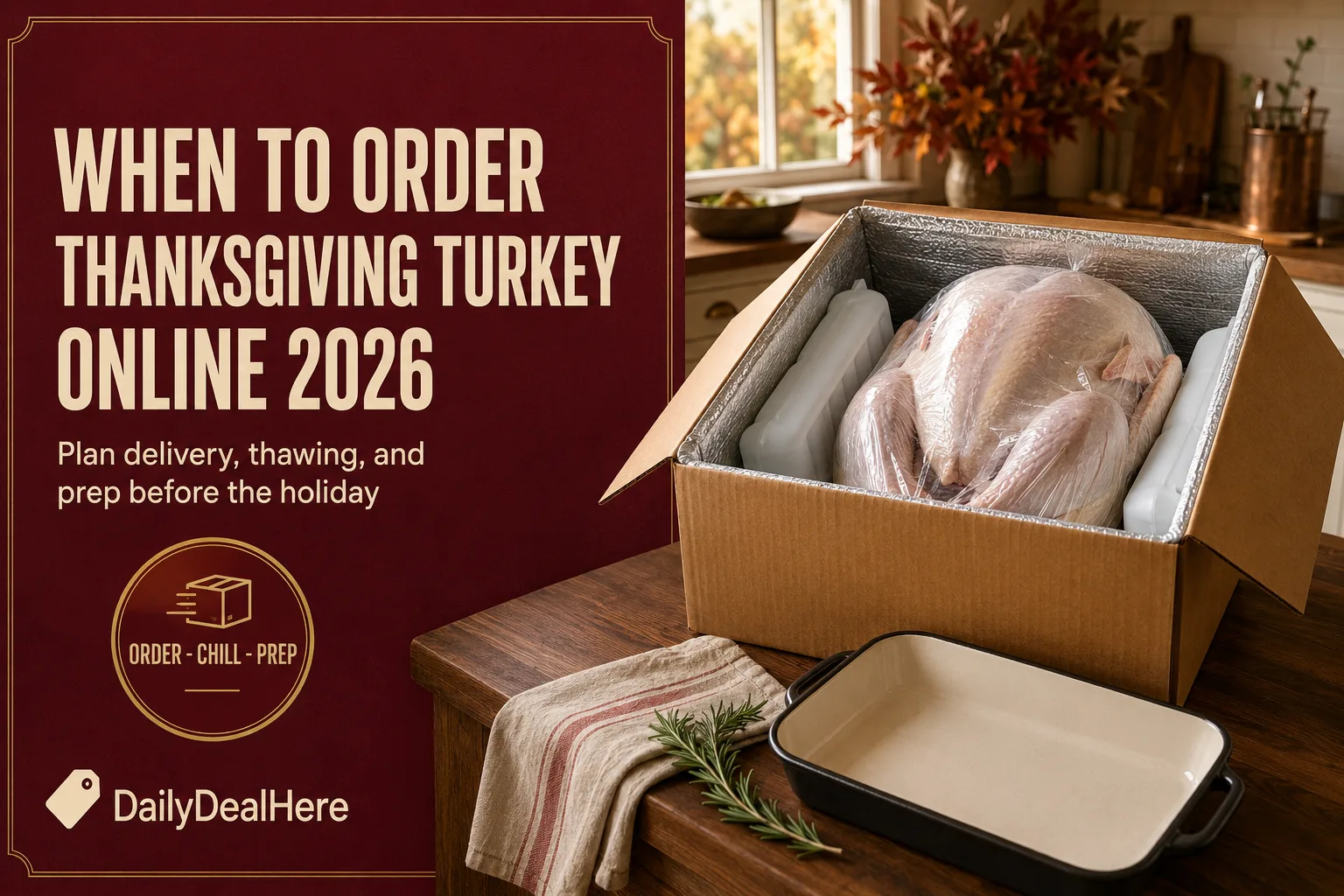Insulated shipping box holding a fresh Thanksgiving turkey with ice packs next to a roasting pan