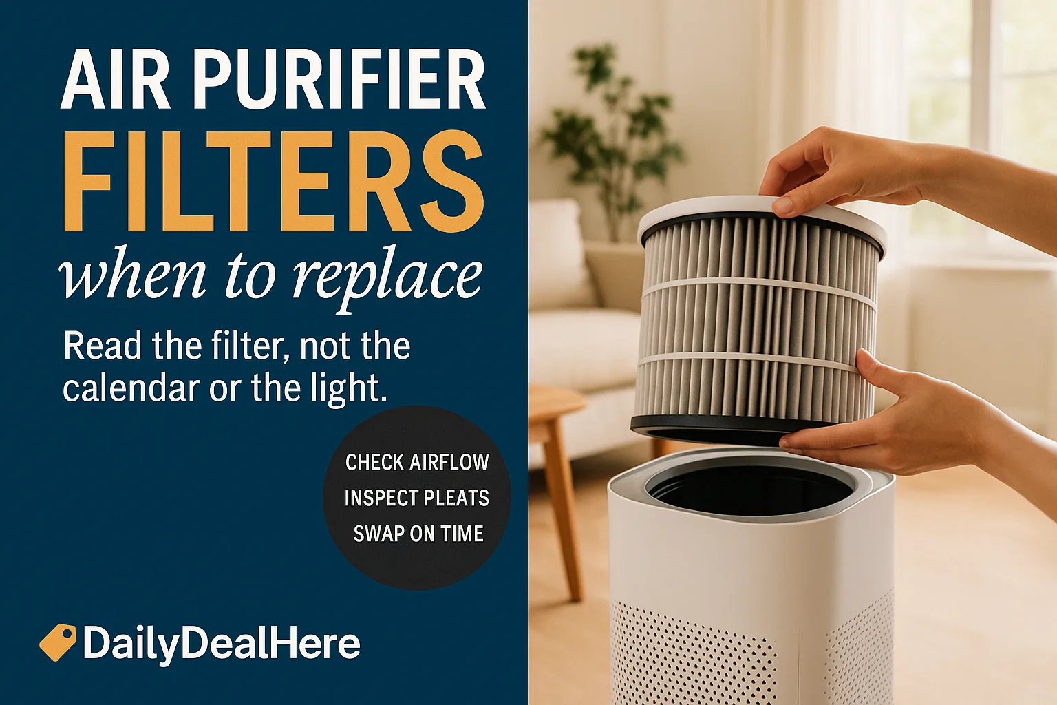 Hands lifting a pleated HEPA filter out of a white air purifier in a bright living room