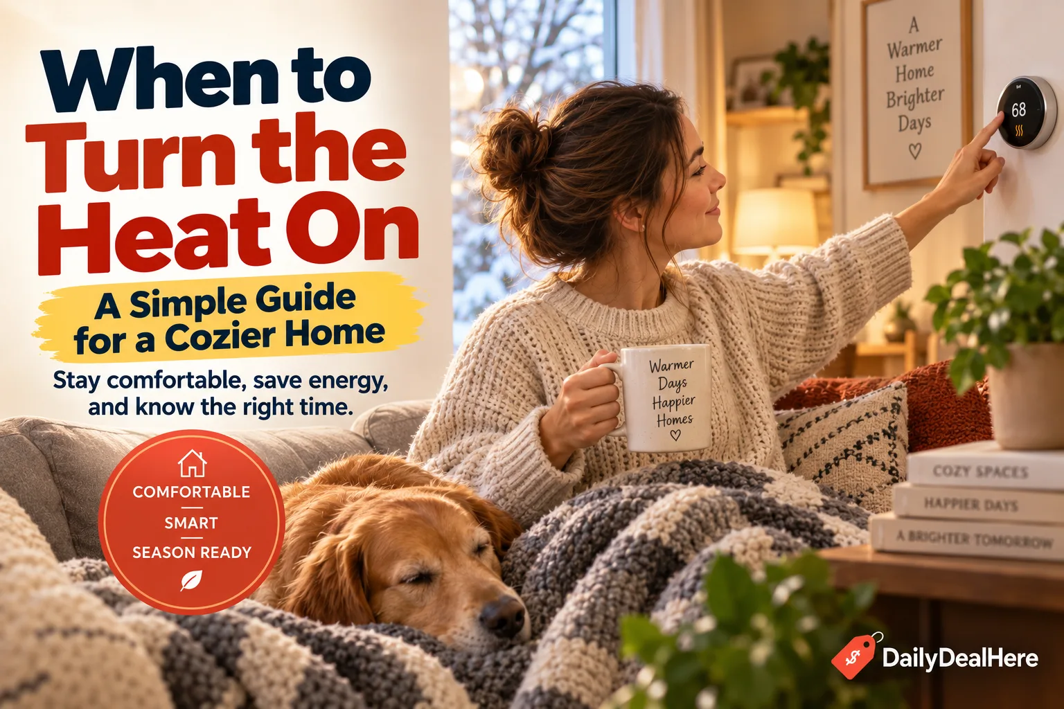 A person setting a wall thermostat to 68 degrees in a warm living room with a dog asleep on the sofa